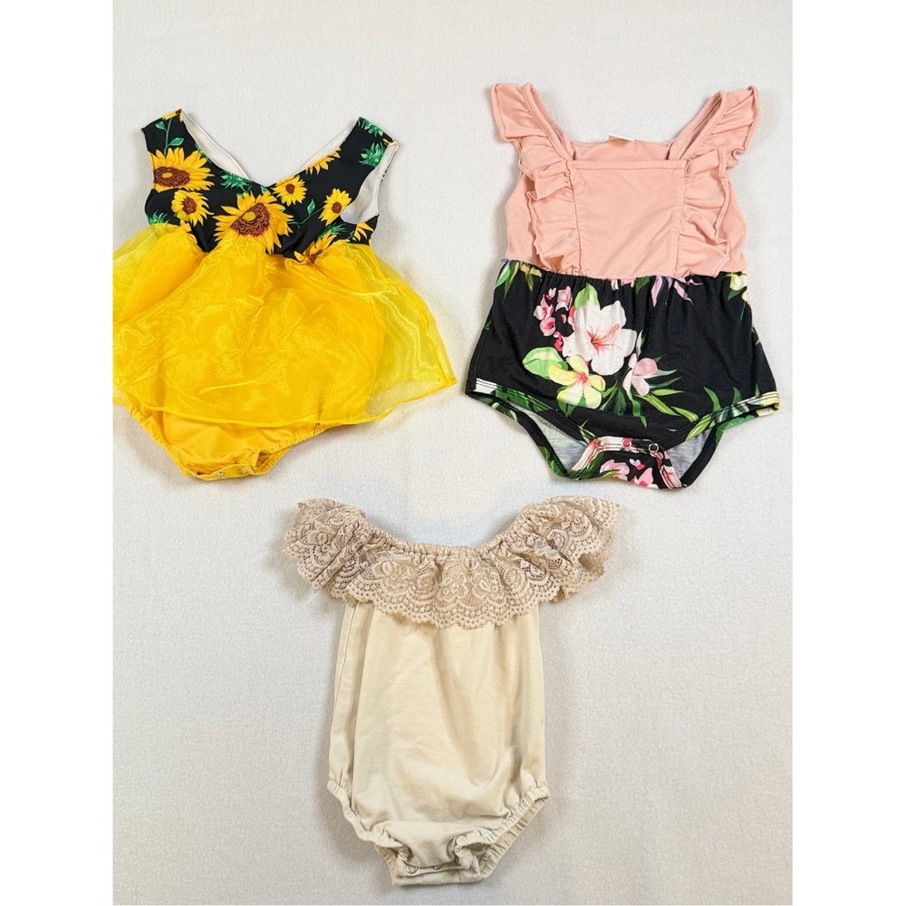 Bailey's Blossoms Baby Girl Romper Lot 9-12M Sunflower Tulle Floral Lace 3pc Set